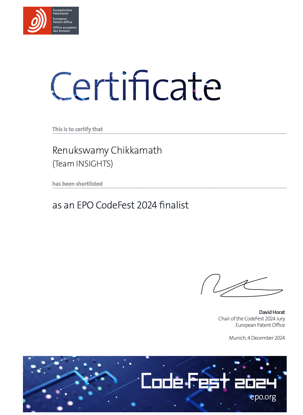 Finalist certificate from the European Patent Office's CodeFest 2024