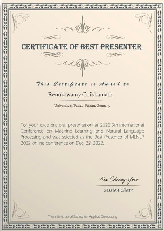 Best presenter award at MLNLP 2022