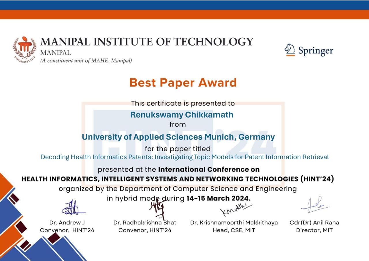 Best paper award at the HINT'24 conference, MIT Manipal